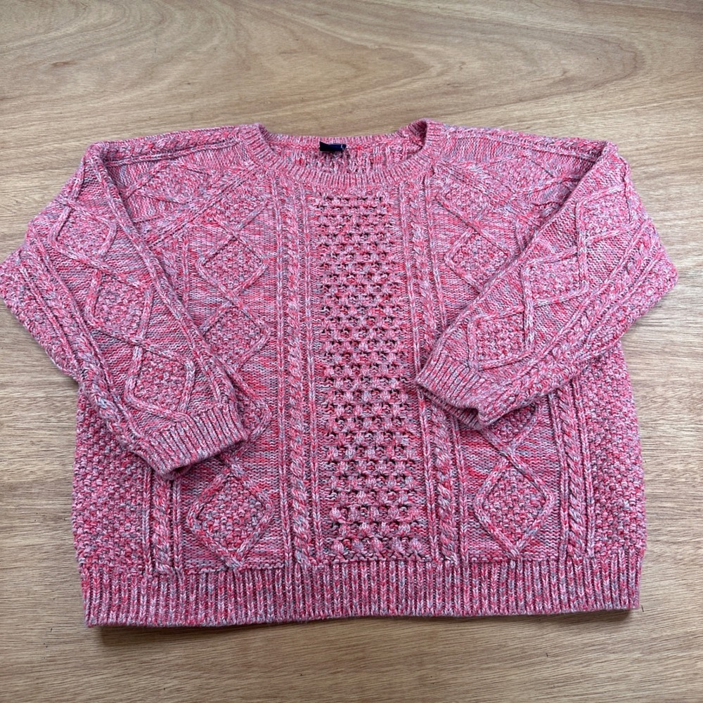 GAP Womens XL Coral Pink Marled Cable Knit Cotton Sweater Crew Neck